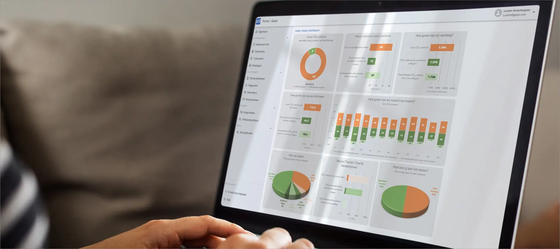 Green Impact Dashboard op computerscherm Analyse en interpretatie van CO₂-registratie en WPM-data voor organisaties via Gaiyo.