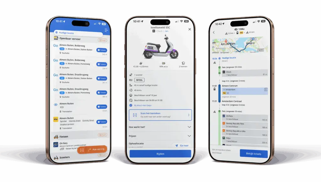 Overzicht van boeken, plannen en reizen met de Gaiyo App in OV en met deelmobiliteit