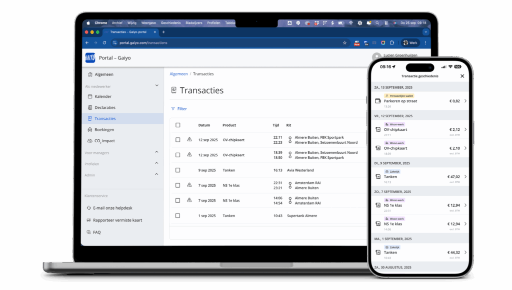 Gaiyo displays transaction overviews via the portal and the app.