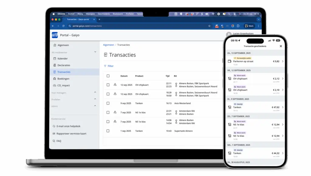 Gaiyo toont de transactieoverzichten via de portal en de app