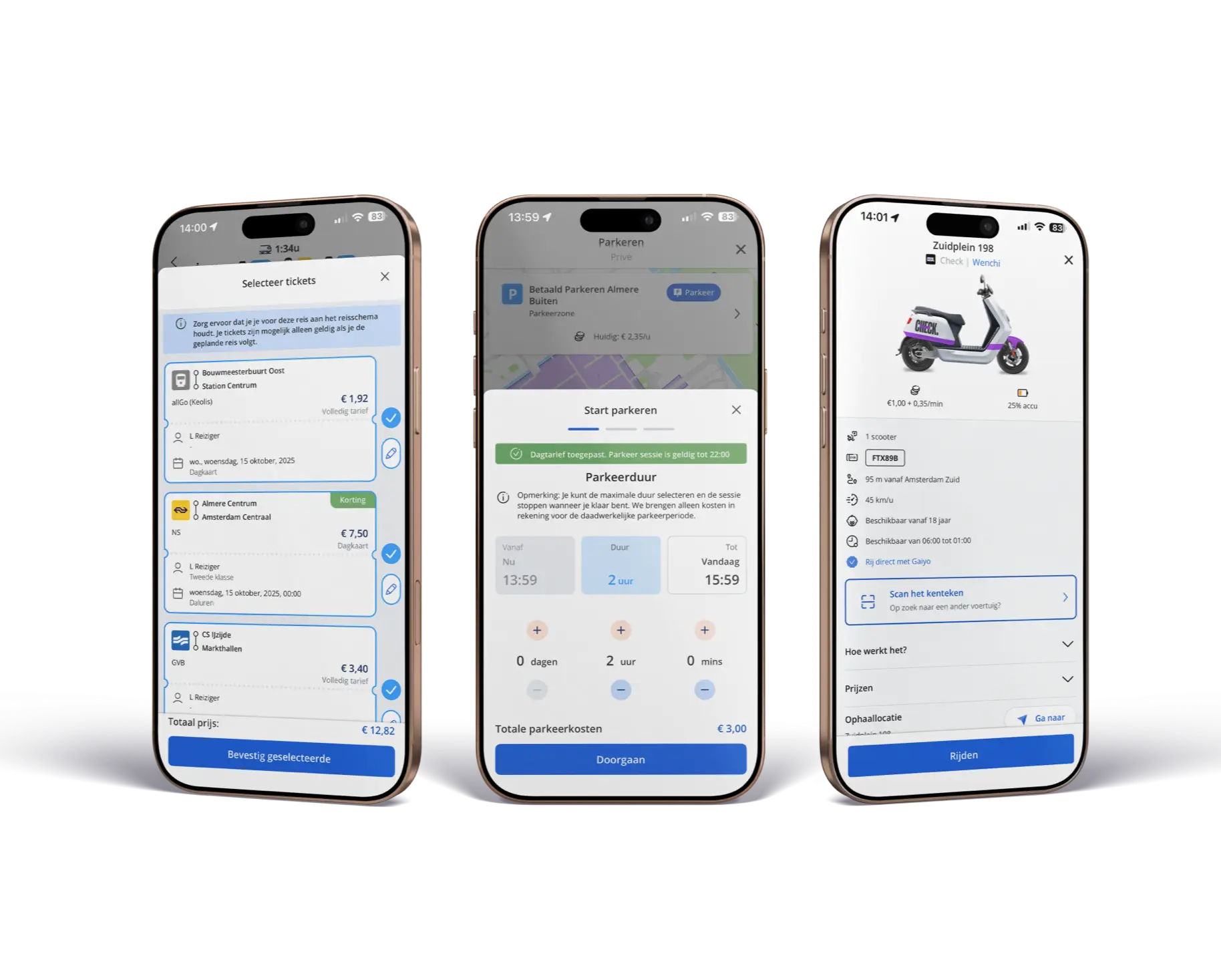 Eén app die alles combineert – parkeren, reizen met het OV, en toegang tot deelauto’s, scooters en fietsen.